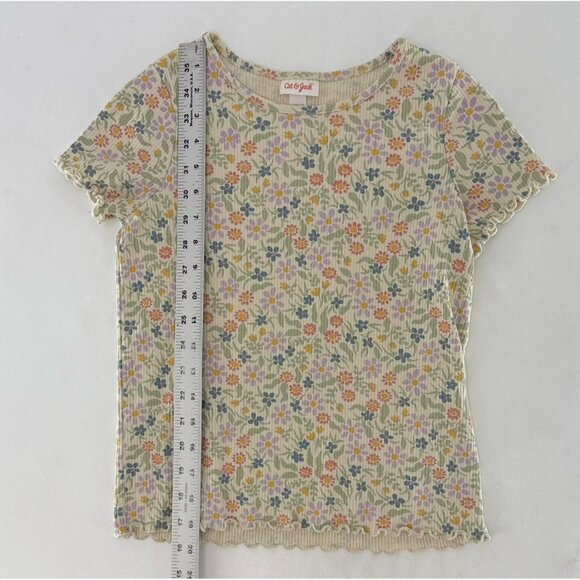 Cat & Jack Ditzy Floral‎ Ribbed Knit Top Girls Short Sleeve Beige Shirt L 10/12 - Picture 6 of 7